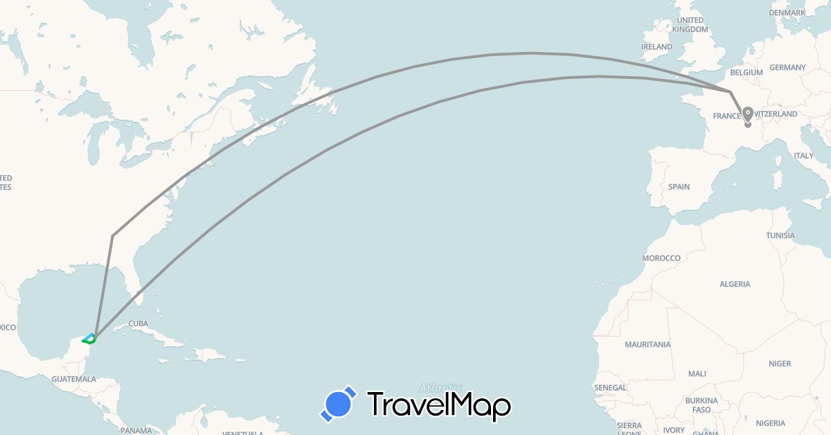 TravelMap itinerary: bus, plane, boat in France, Mexico, United States (Europe, North America)